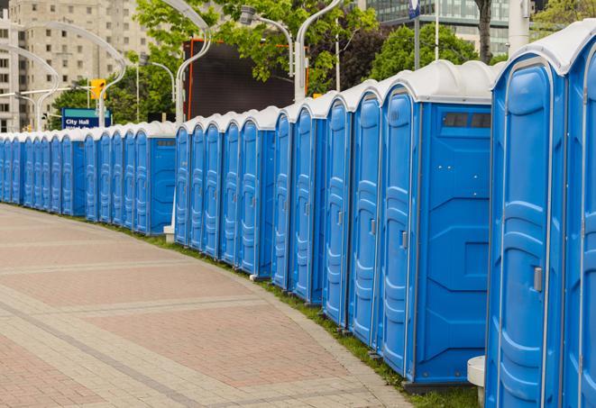 a row of portable restrooms for a special event, ensuring guests have access to clean facilities in Bal Harbour